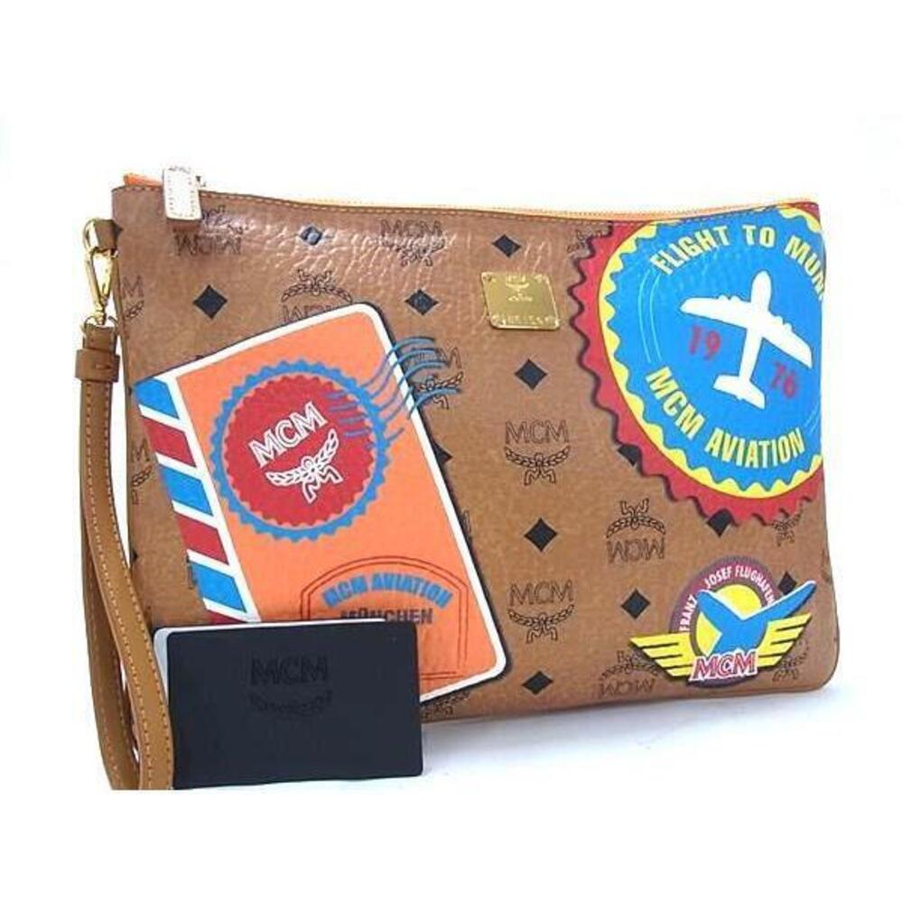 MCM Monogram Visetos Leather Clutch Bag Shoulder Brown
